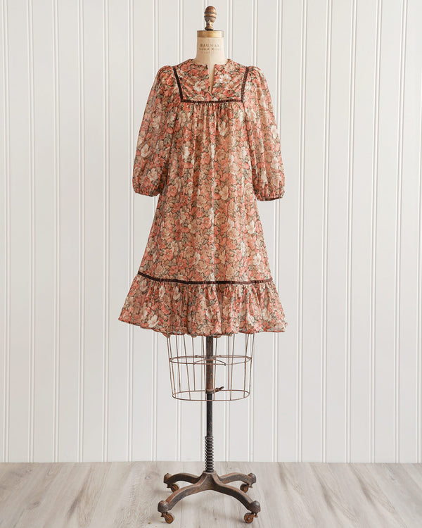 Vintage 1970s Boho Brown Floral Midi Dress / Adored Vintage / Autumn Floristry Dress